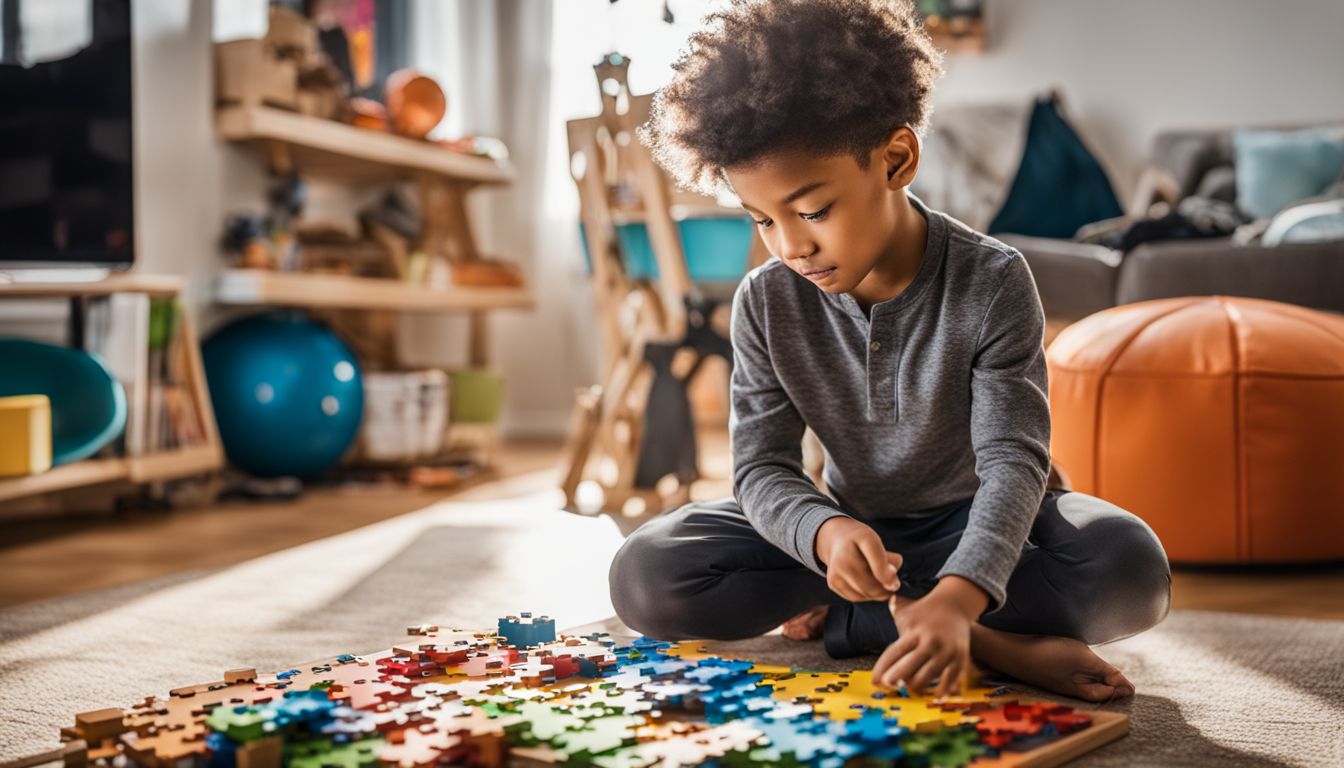 A young boy passionately solves a complex puzzle in a playroom.