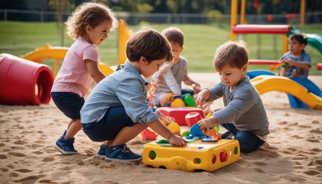 A diverse group of children playing with durable toys in a playground.