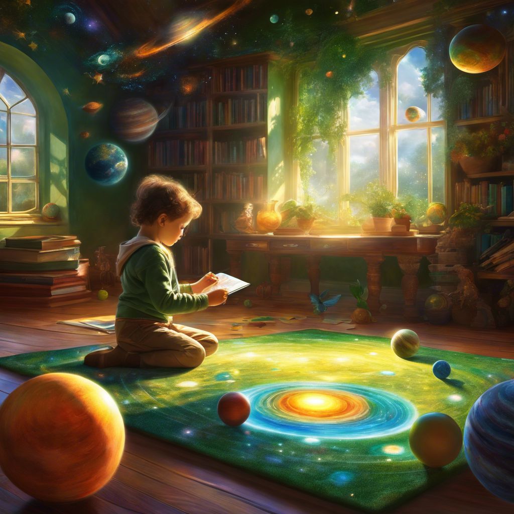 A child assembling a solar system puzzle in a brightly lit room.