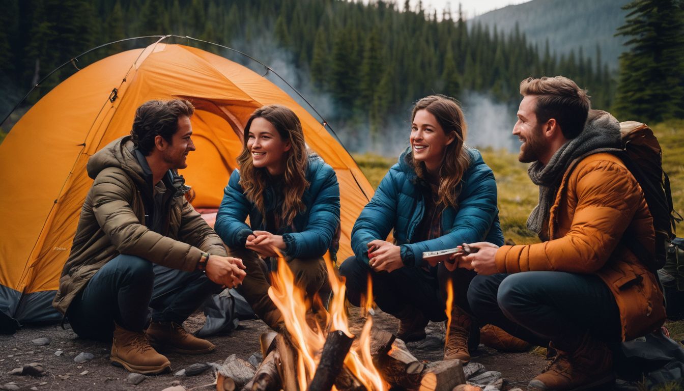 A group of friends camping in the wilderness around a campfire.