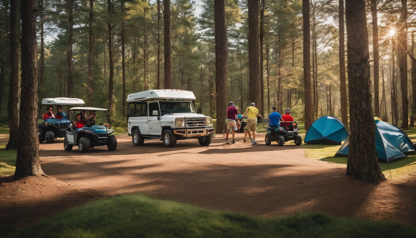 A group of campers playing golf cart relay races in a wooded campground.