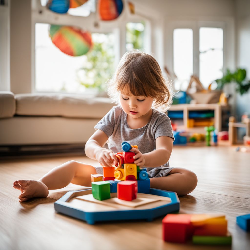 A child playing with Montessori educational toys in a vibrant room.