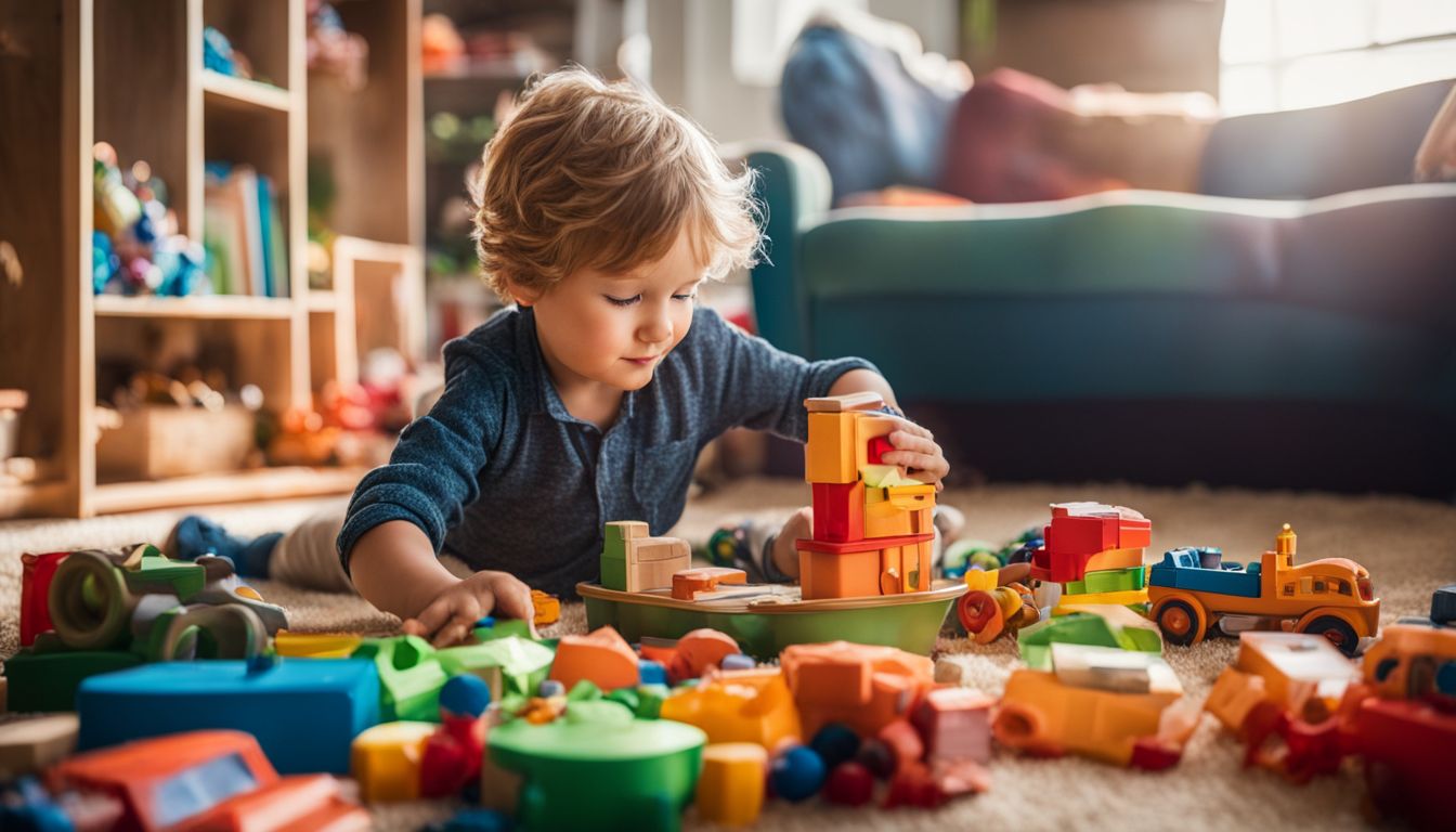 A young boy playing with a diverse selection of toys in a colorful and child-friendly environment.