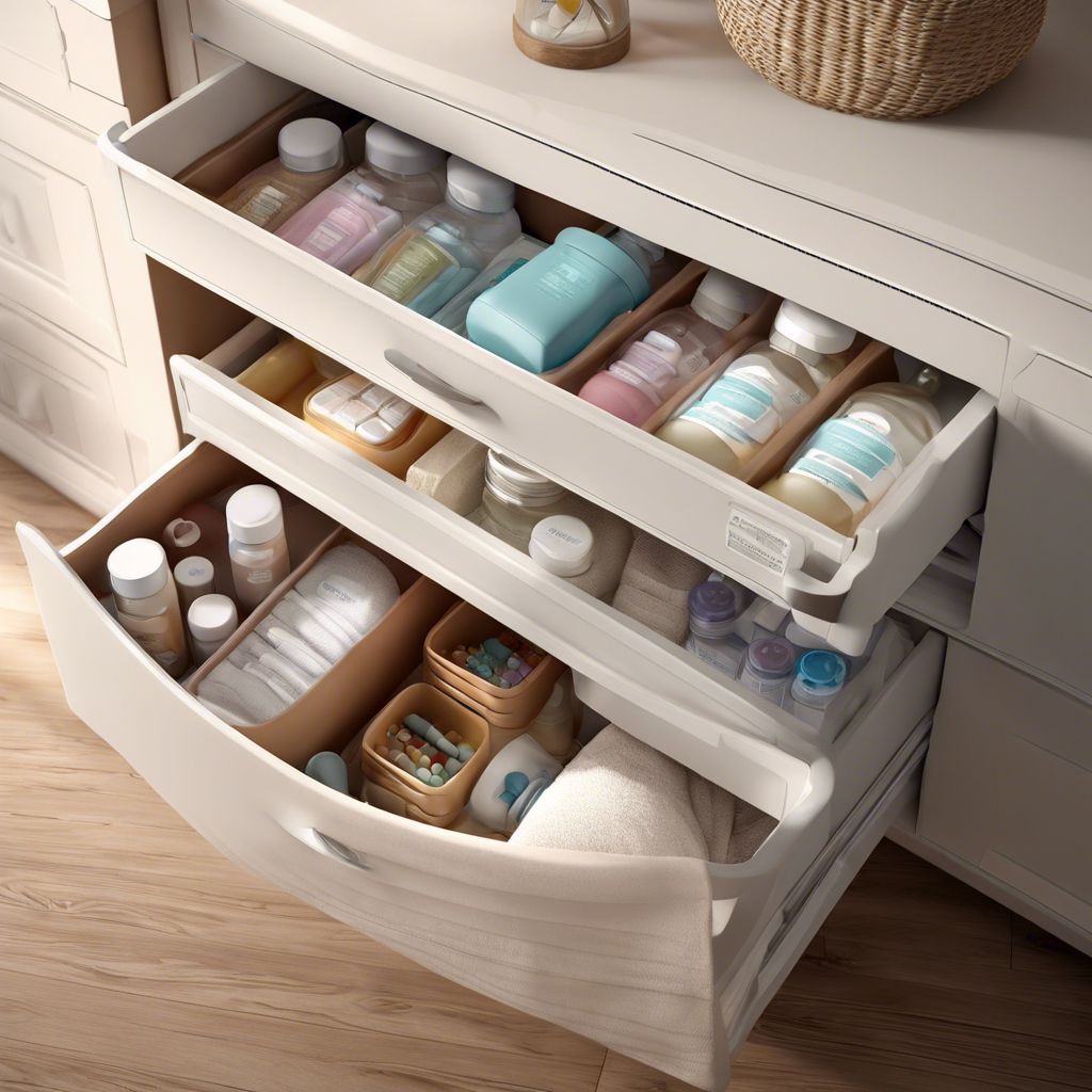 A nursing mother organizes breastfeeding supplies in a labeled drawer.