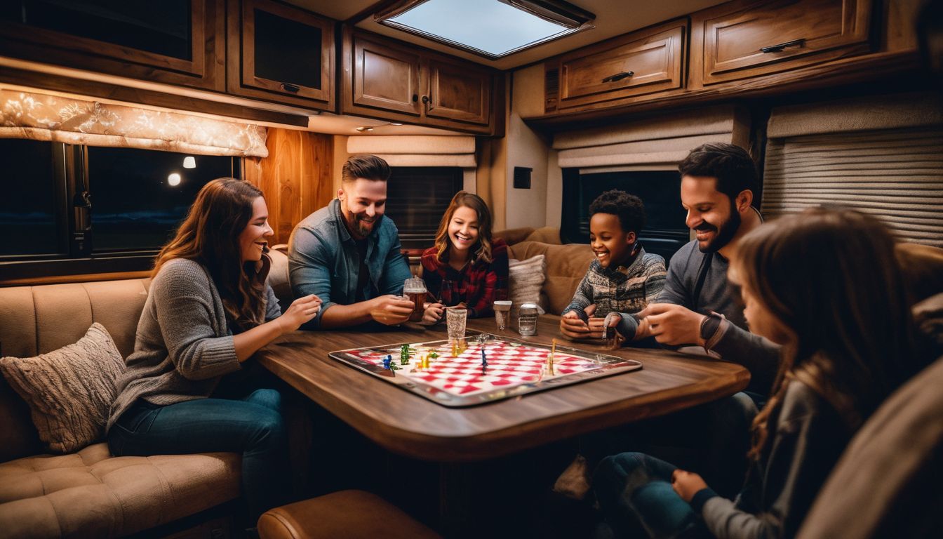 A family enjoying board games in a cozy RV setting.