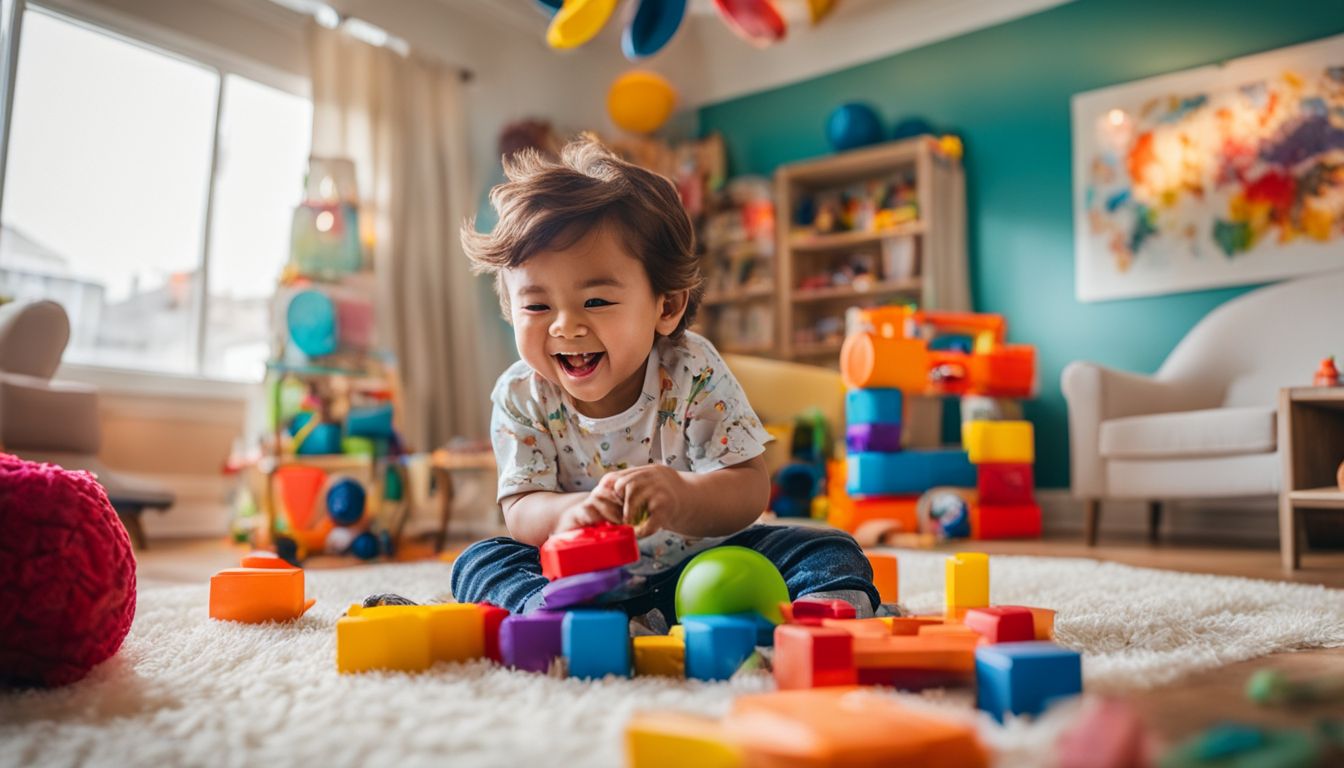 A 3 year old boy happily playing with colorful toys in a playroom.