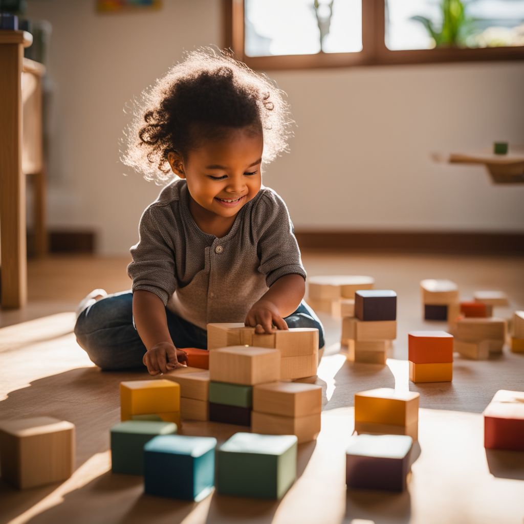 A toddler playing with eco-friendly blocks in a Montessori classroom.