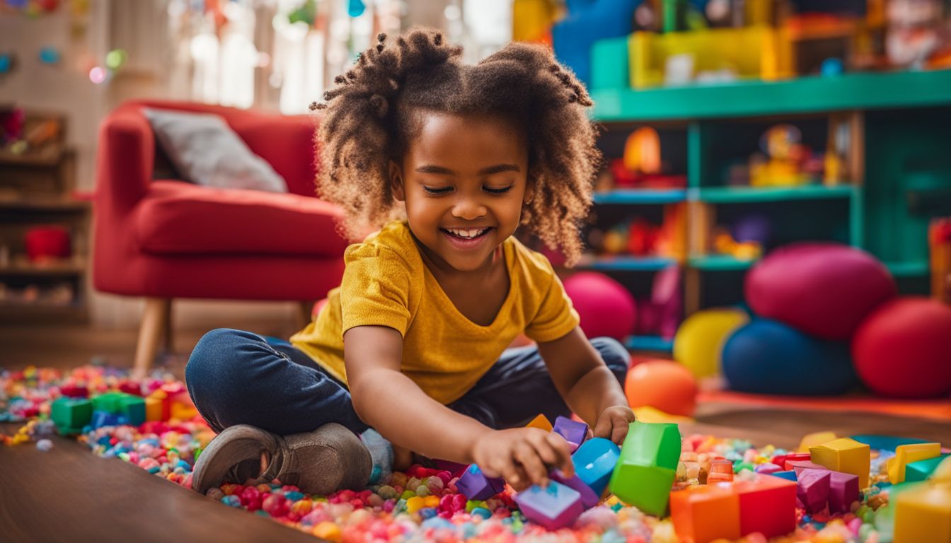 A child enjoying interactive educational toys in a vibrant playroom.