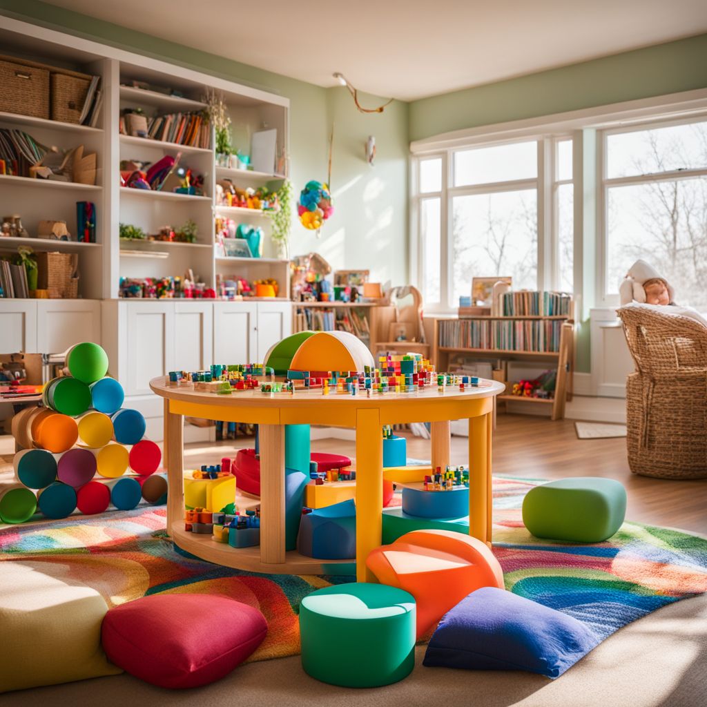 A collection of colorful Montessori toys arranged in a bright playroom.