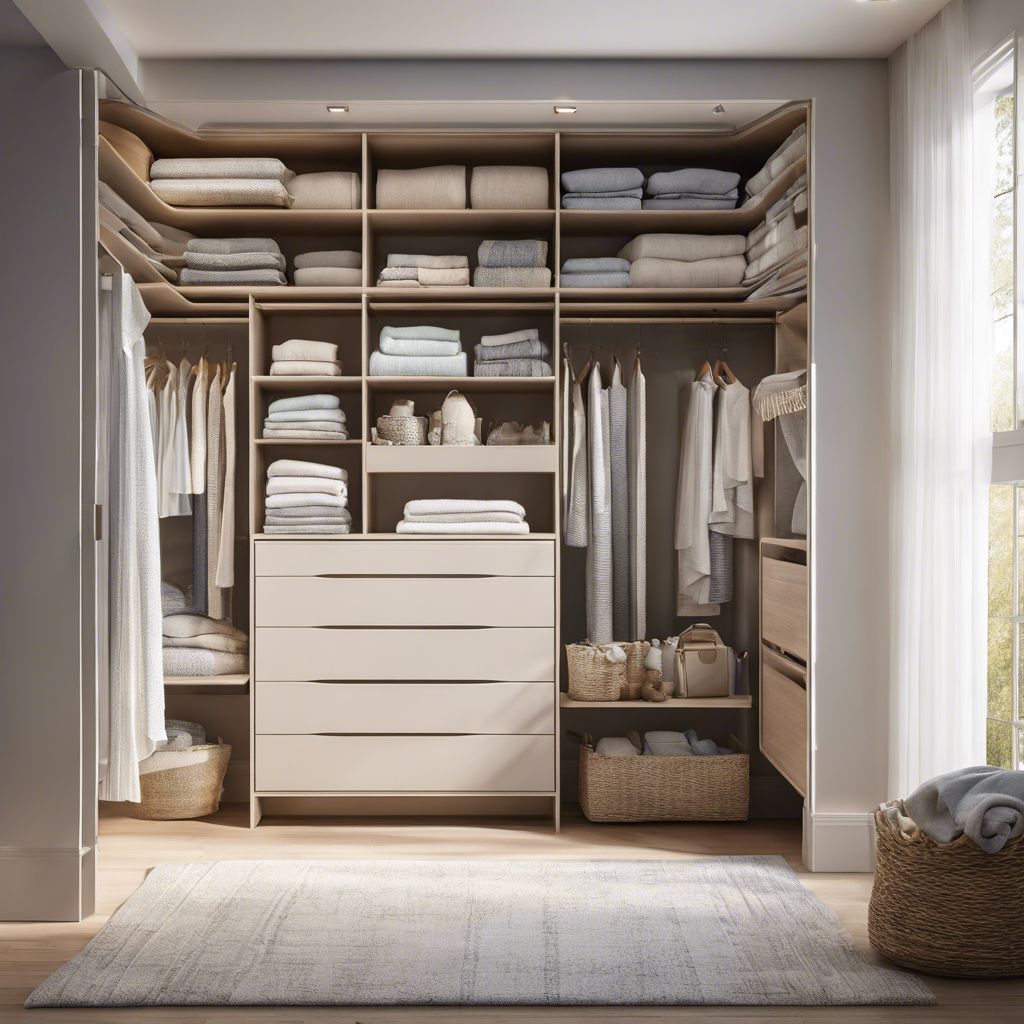 A well-organized baby closet with neatly folded linens and swaddles.