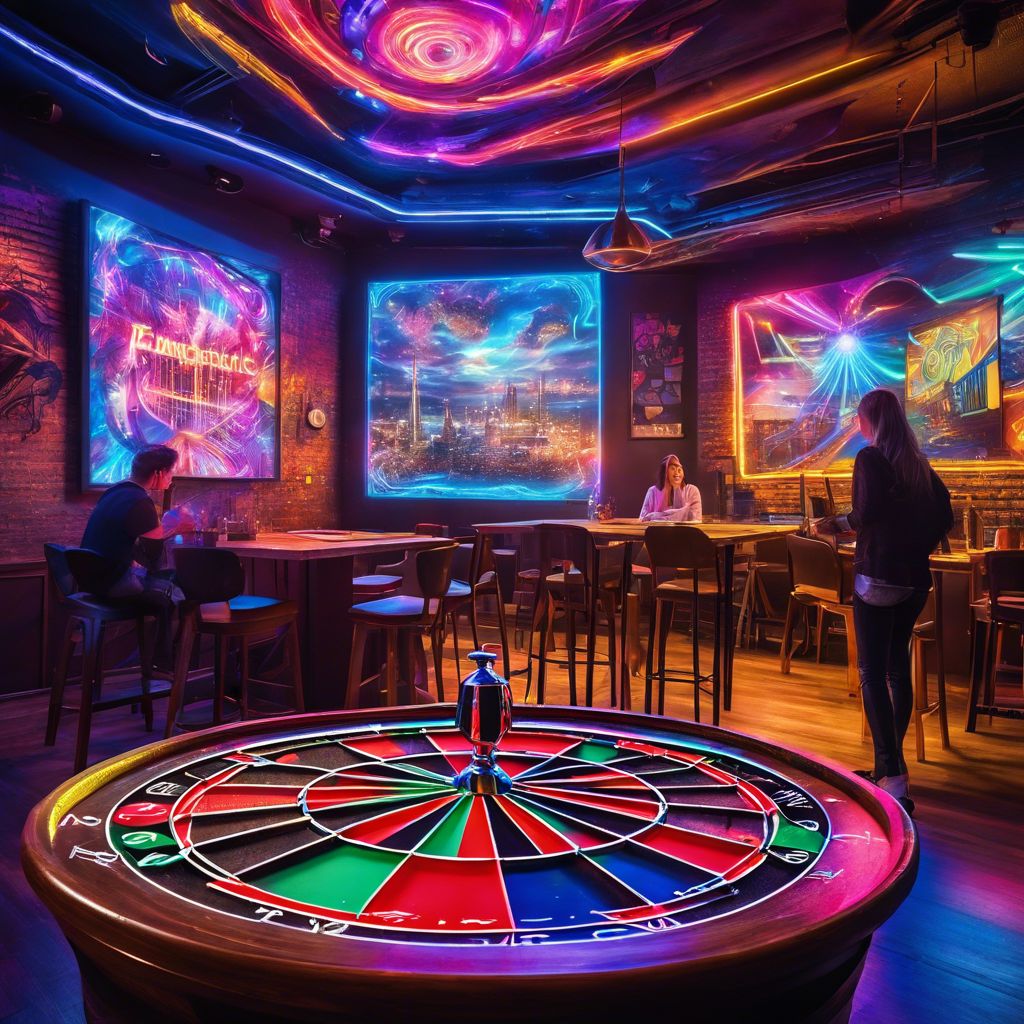 A vibrant game room with a diverse group playing darts.