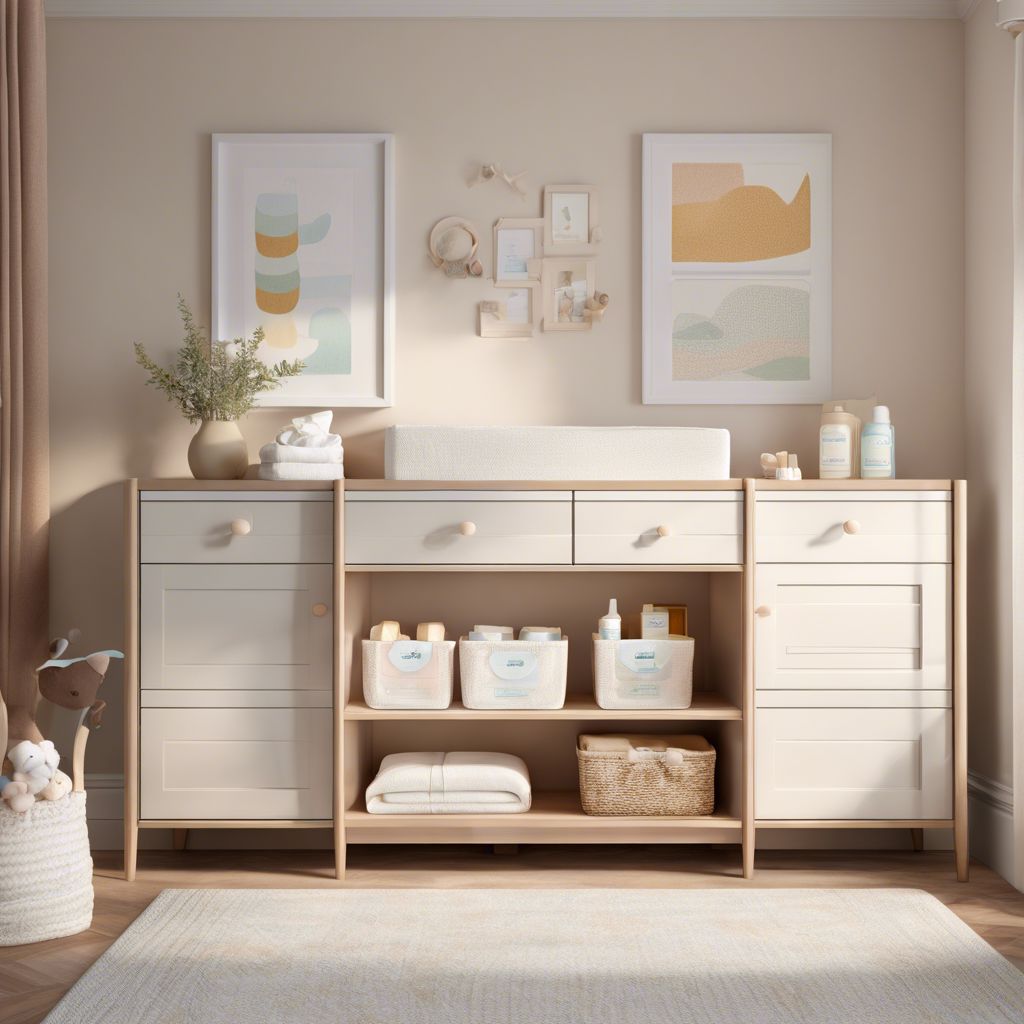 A well-organized diaper changing station in a cozy and inviting nursery.