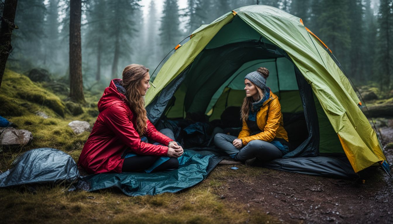 'A man and woman sitting in a rainproof tent at a campsite.'