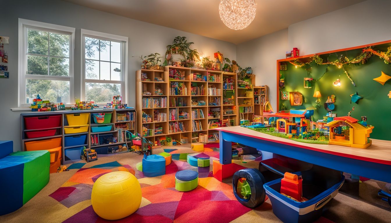 A vibrant playroom with diverse toys and children playing.