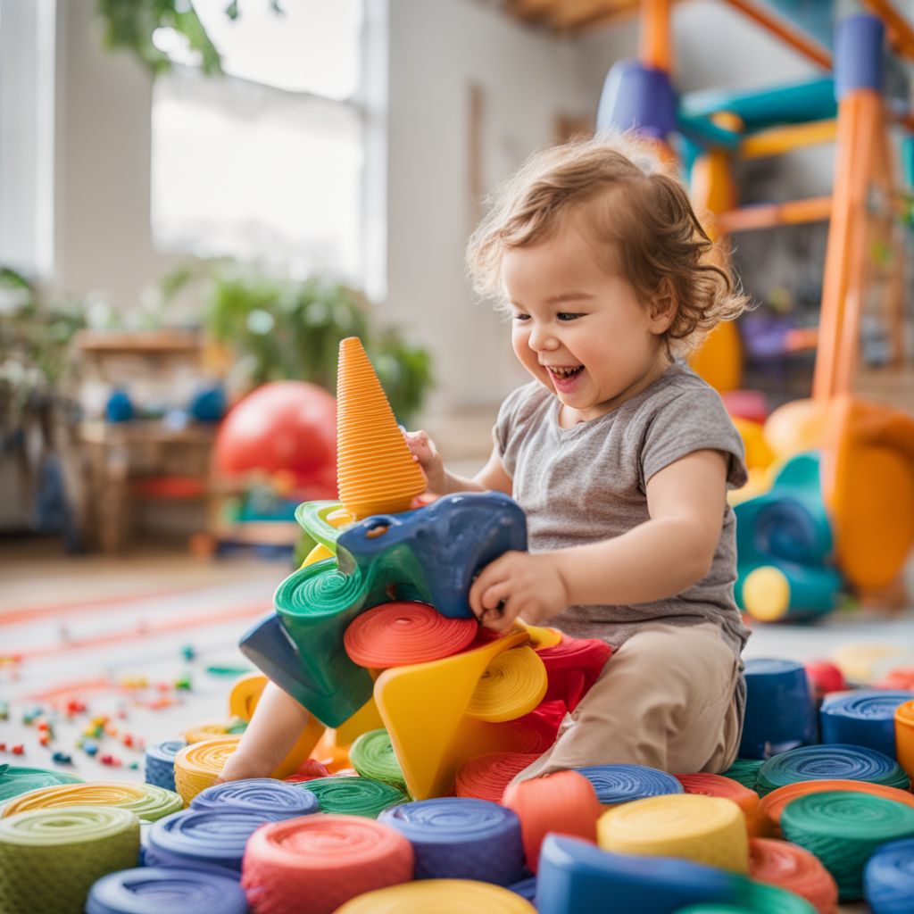 A toddler happily playing in a colorful indoor playroom.
