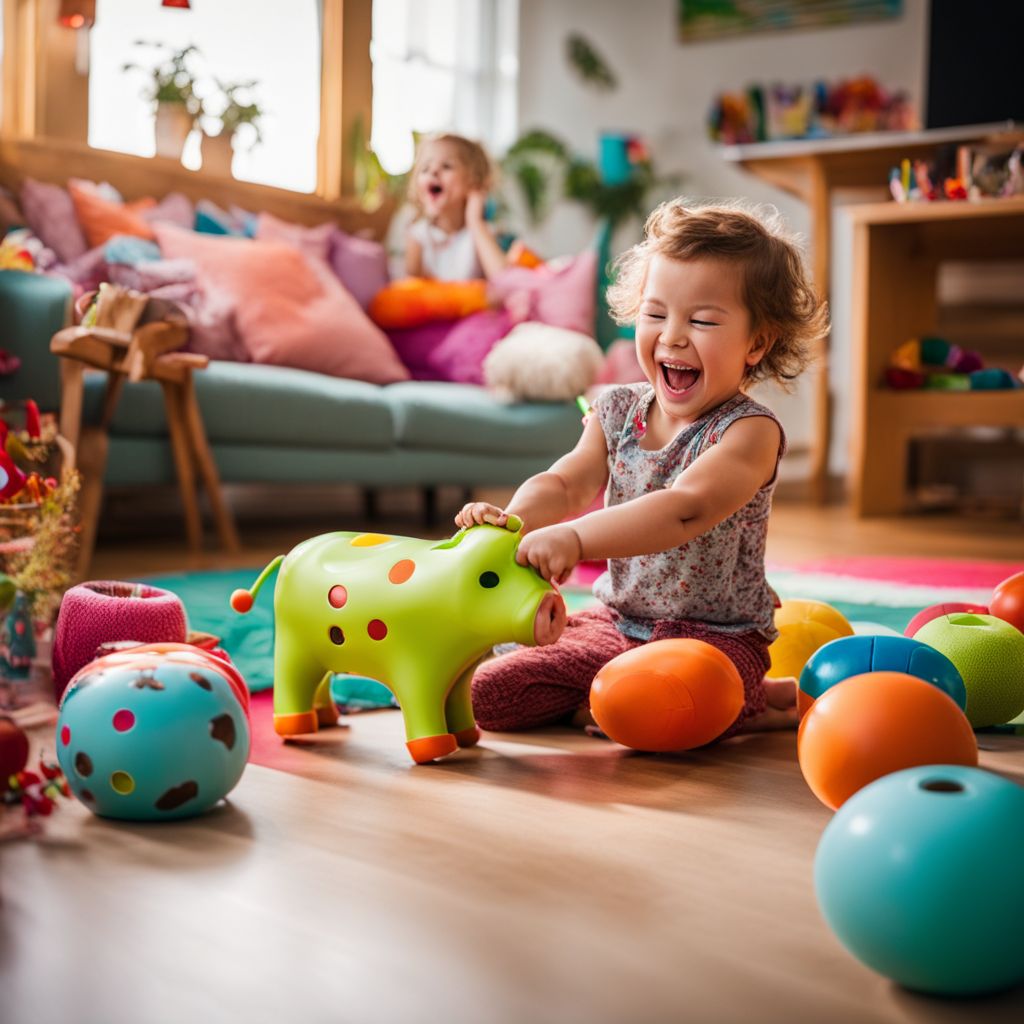A child plays with a Lively Musical Dancing Cow Toy in a colorful playroom.
