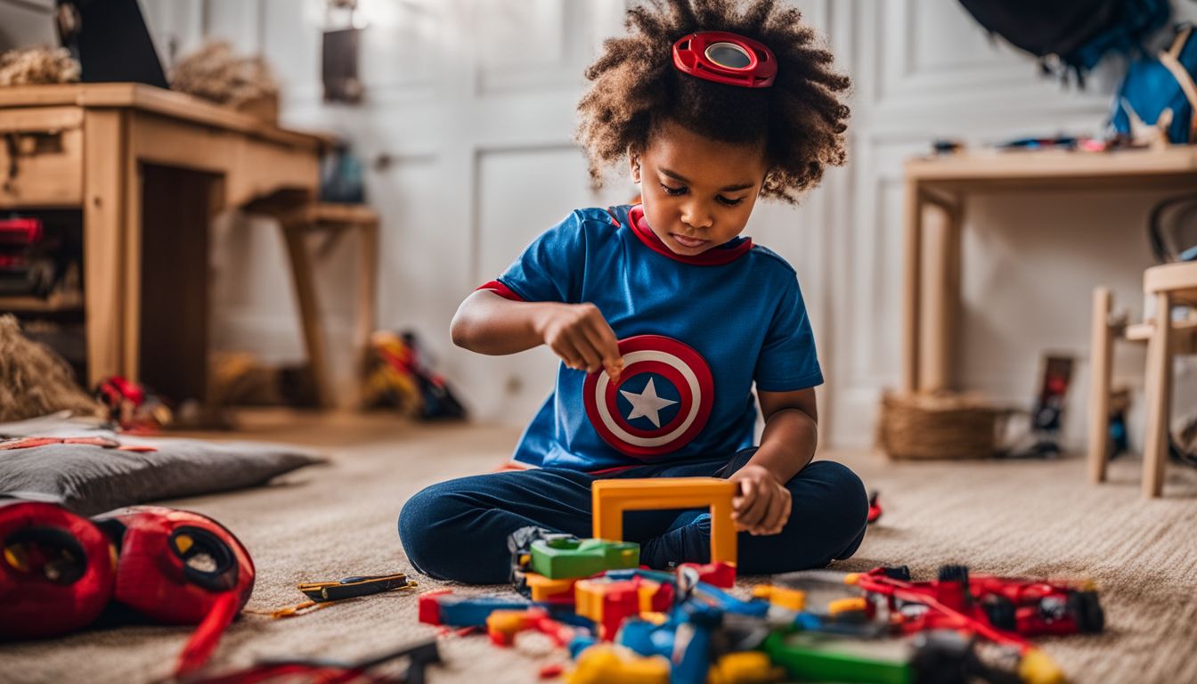 A child in a superhero costume playing with toy tools.