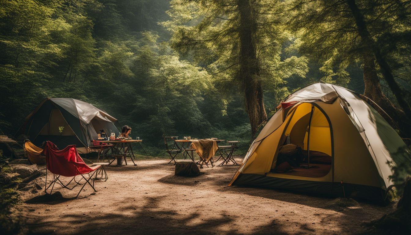 A secure campsite with proper fire safety measures surrounded by lush greenery.