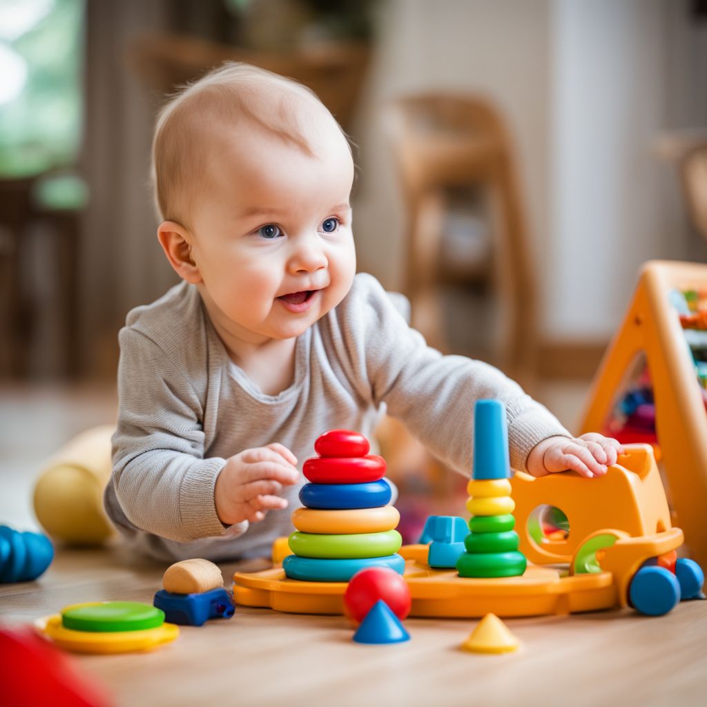 A baby playing with colorful Montessori toys in a child-friendly environment.