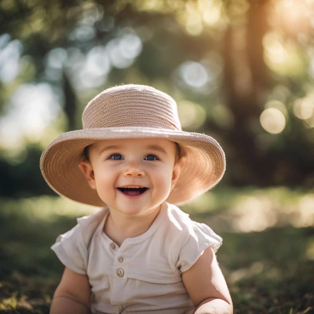 A happy baby wearing a sun hat in a sunny park.