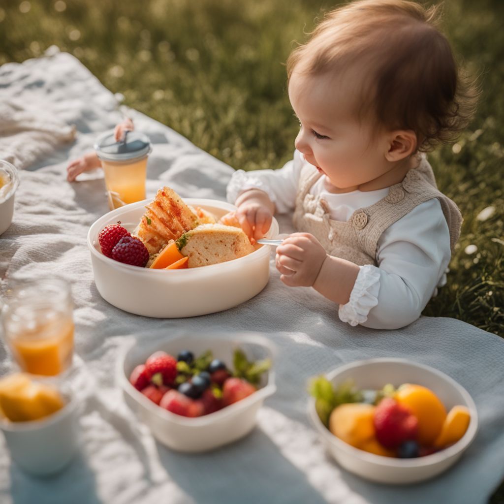 A happy baby eating from silicone tableware at an outdoor picnic.