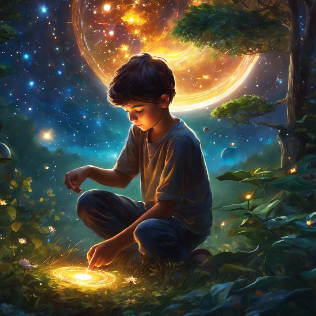 A boy assembling a Solar System Puzzle under the stars.