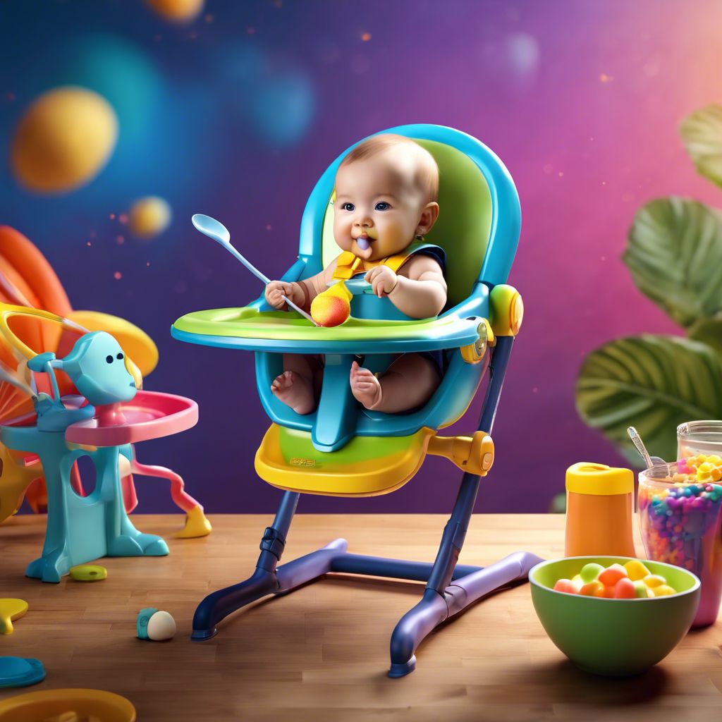 A baby being fed in a high chair surrounded by colorful gear.