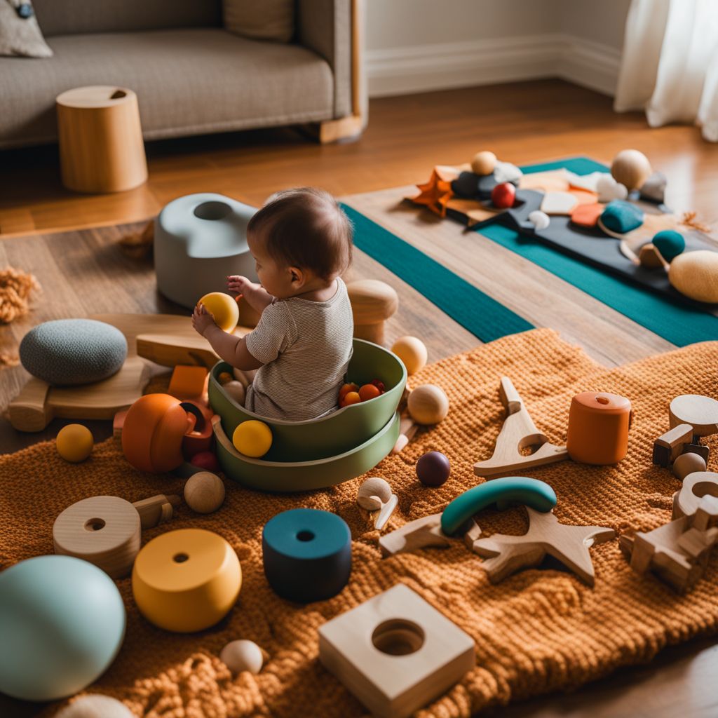 A collection of Montessori toys arranged on a colorful play mat.