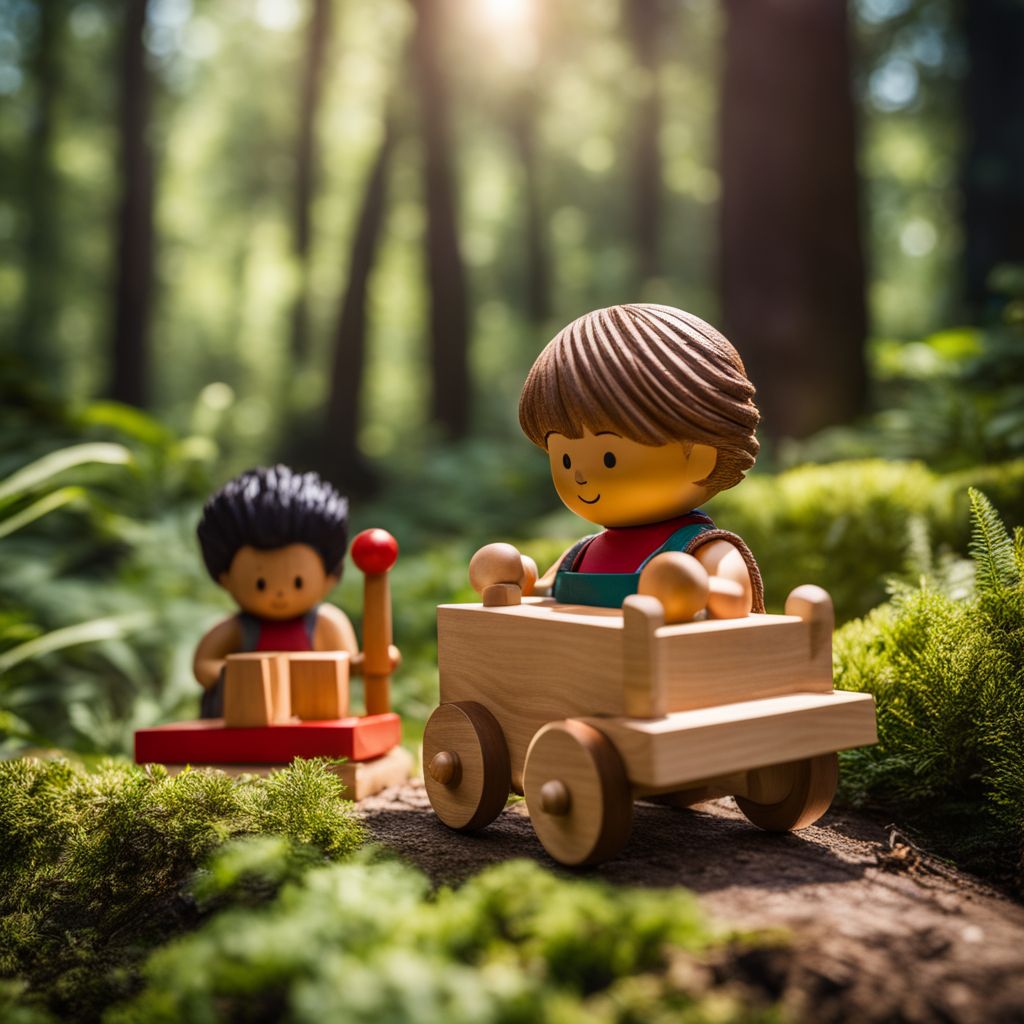 A photo of Montessori wooden toys in a lush forest.