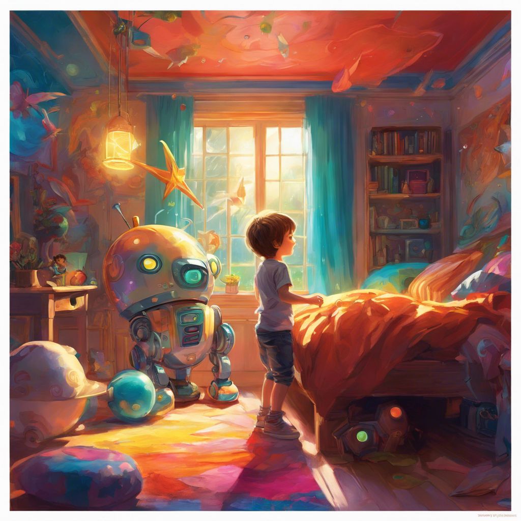A boy plays with Talking Robot Ditto in a colorful bedroom.