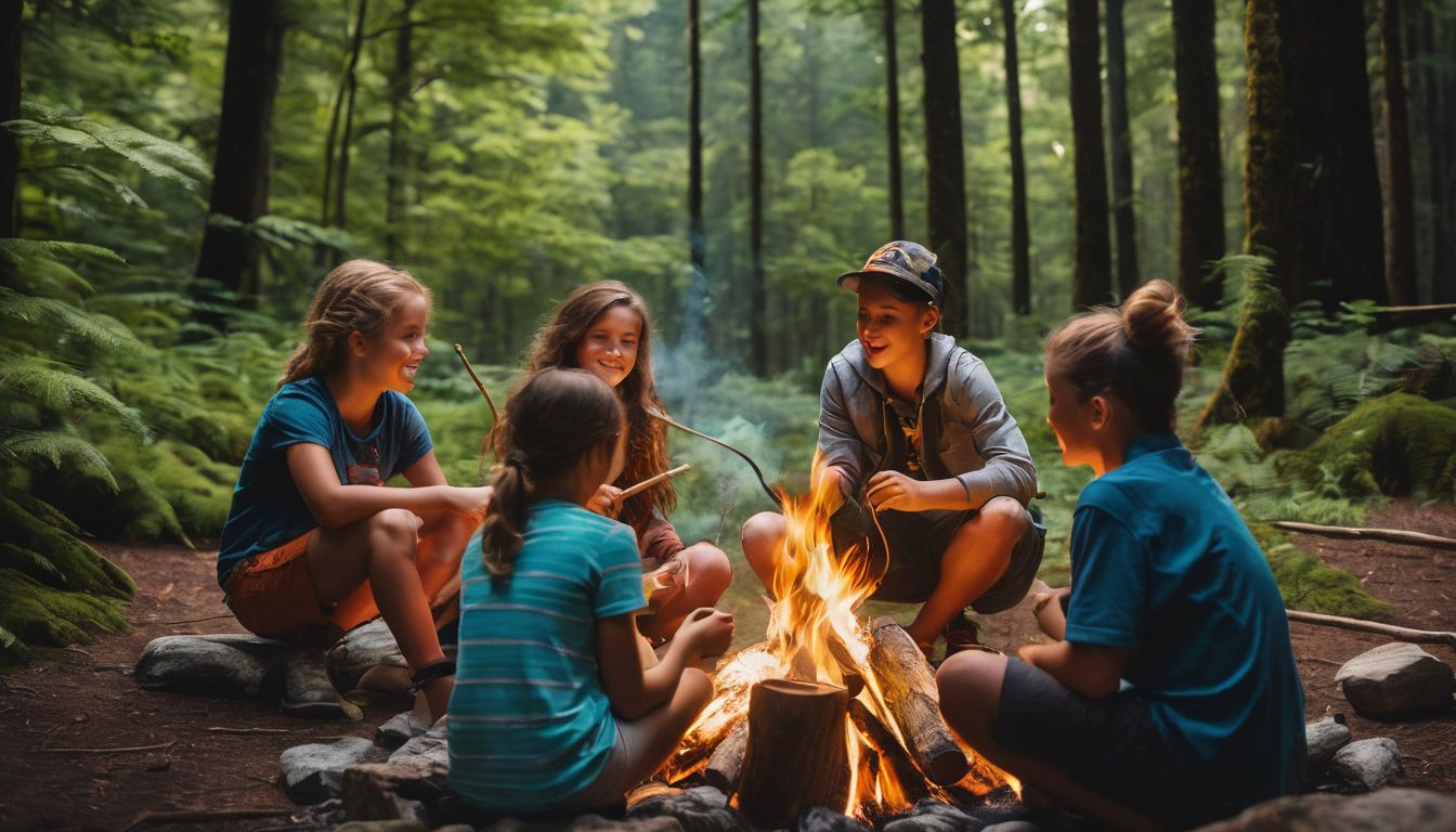 A diverse group of kids enjoying a campfire in a lush forest.