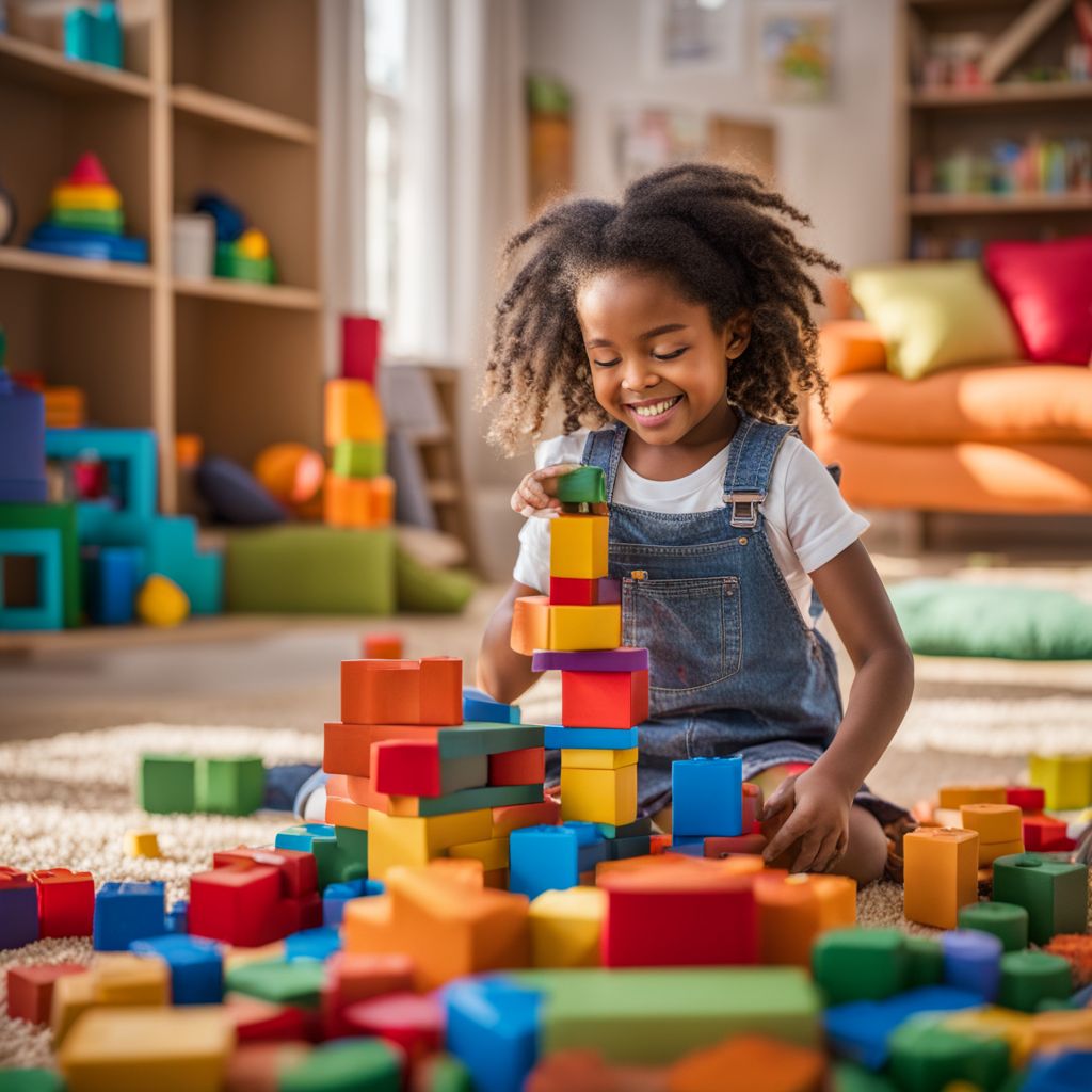 A vibrant playroom filled with colorful building blocks and diverse toys.