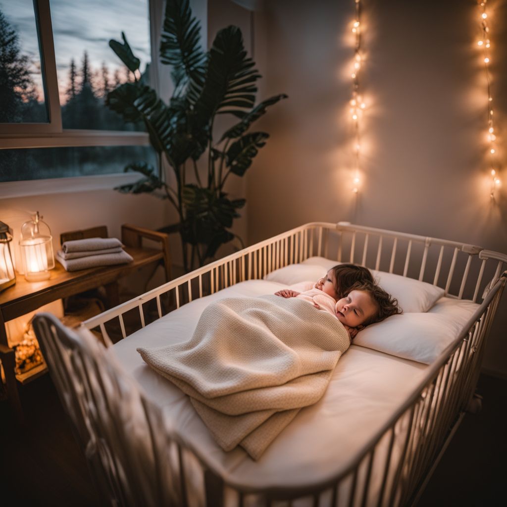 A neatly made travel crib surrounded by cozy blankets and soft lighting.