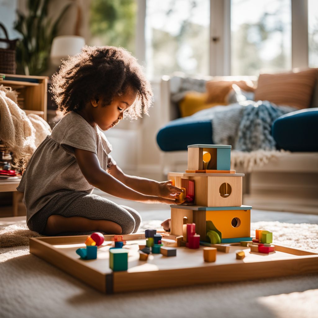 A child playing with Montessori toys in a sunlit living room.