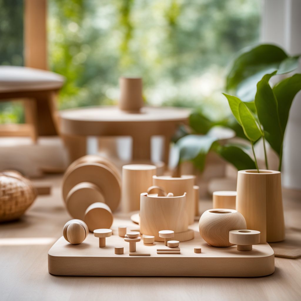 A collection of Montessori toys surrounded by natural greenery.