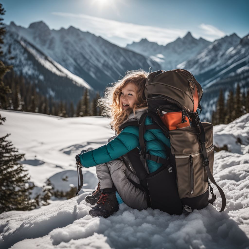 A perfectly packed diaper bag in a snowy mountain setting.