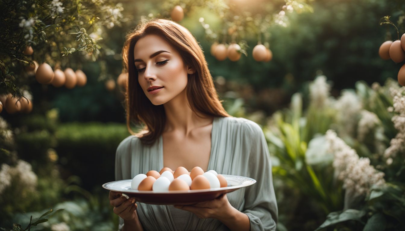 A woman holding a plate of eggs in a lush garden.