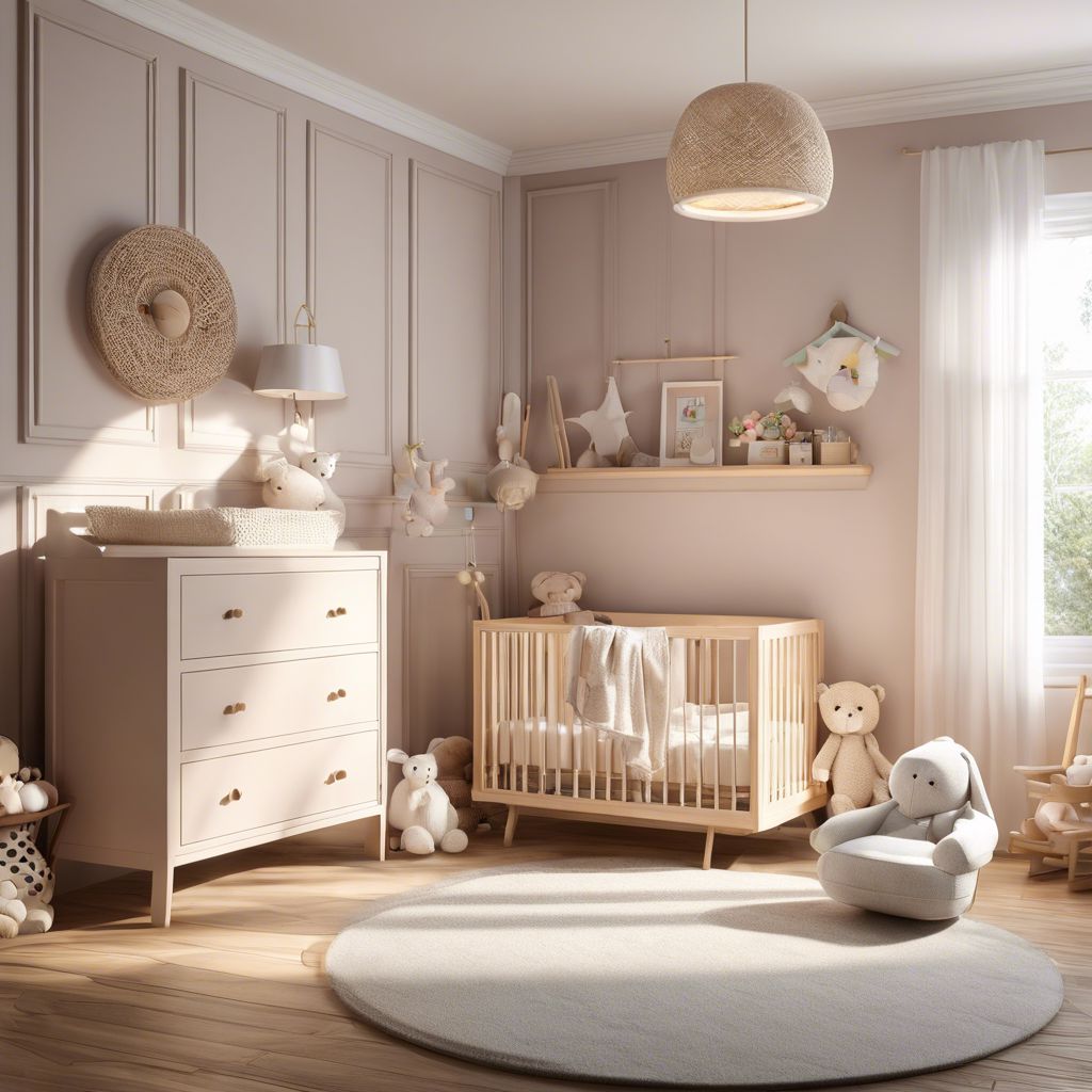 A charming and soothing nursery with pastel colors and stuffed animals.