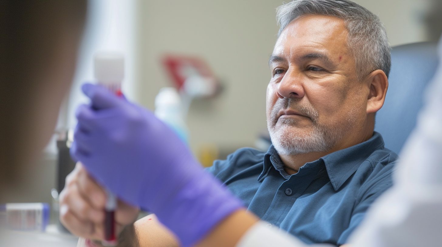 A man is getting a blood test at a medical clinic.