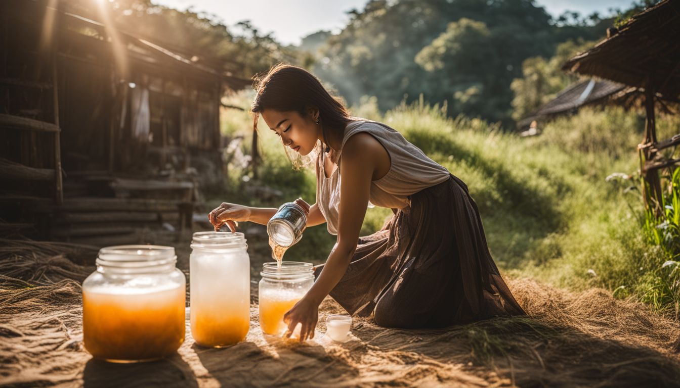 A woman pours fermented rice water into a glass jar in a vibrant atmosphere.