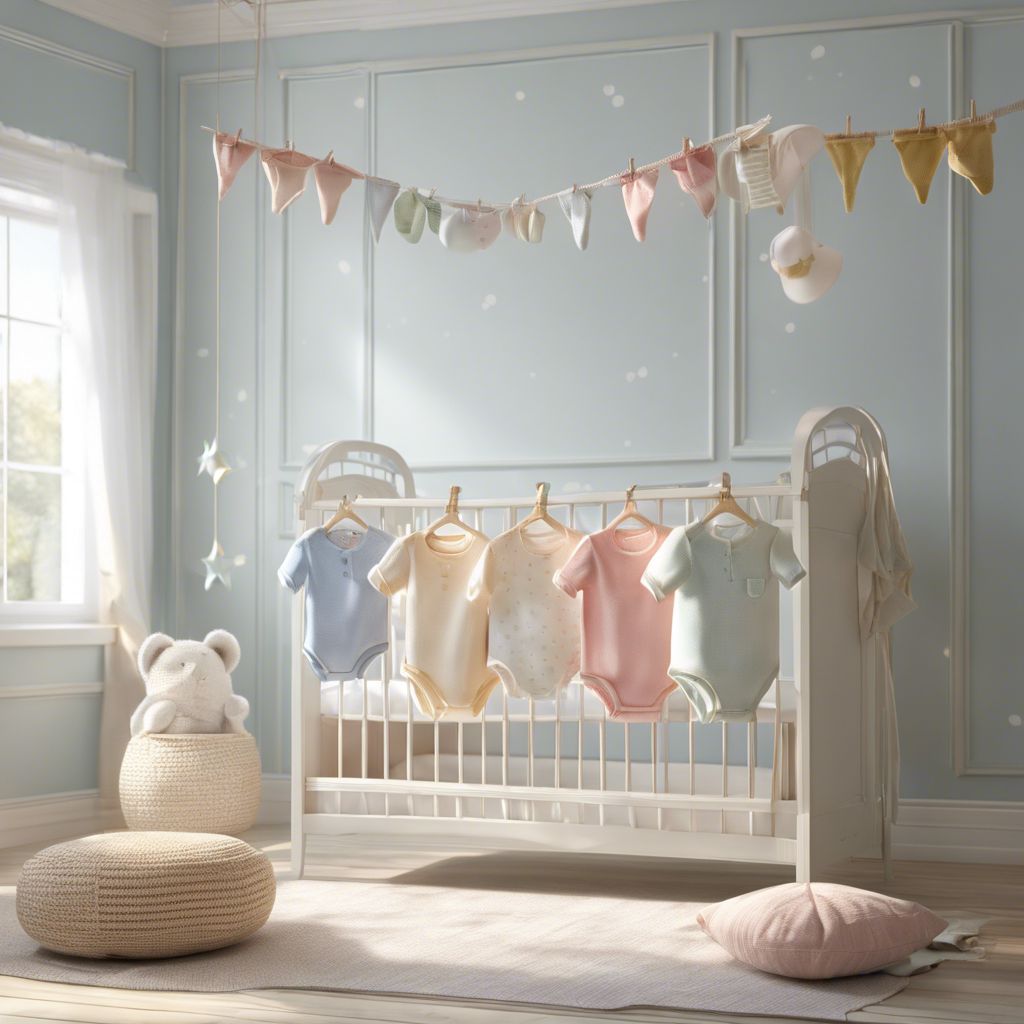Baby clothes and socks hanging in a nursery with natural lighting.