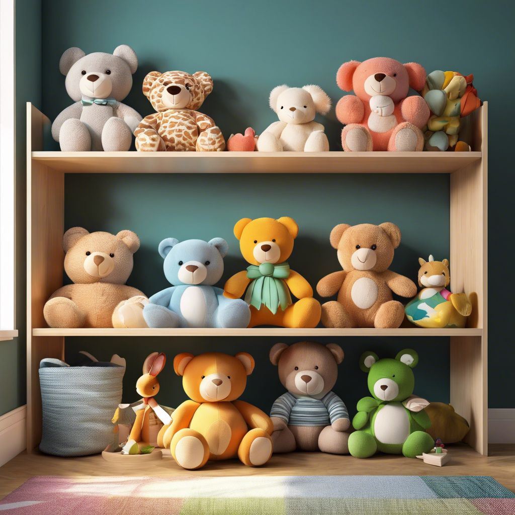 A collection of neatly arranged plush toys surrounded by vibrant children's room decor.