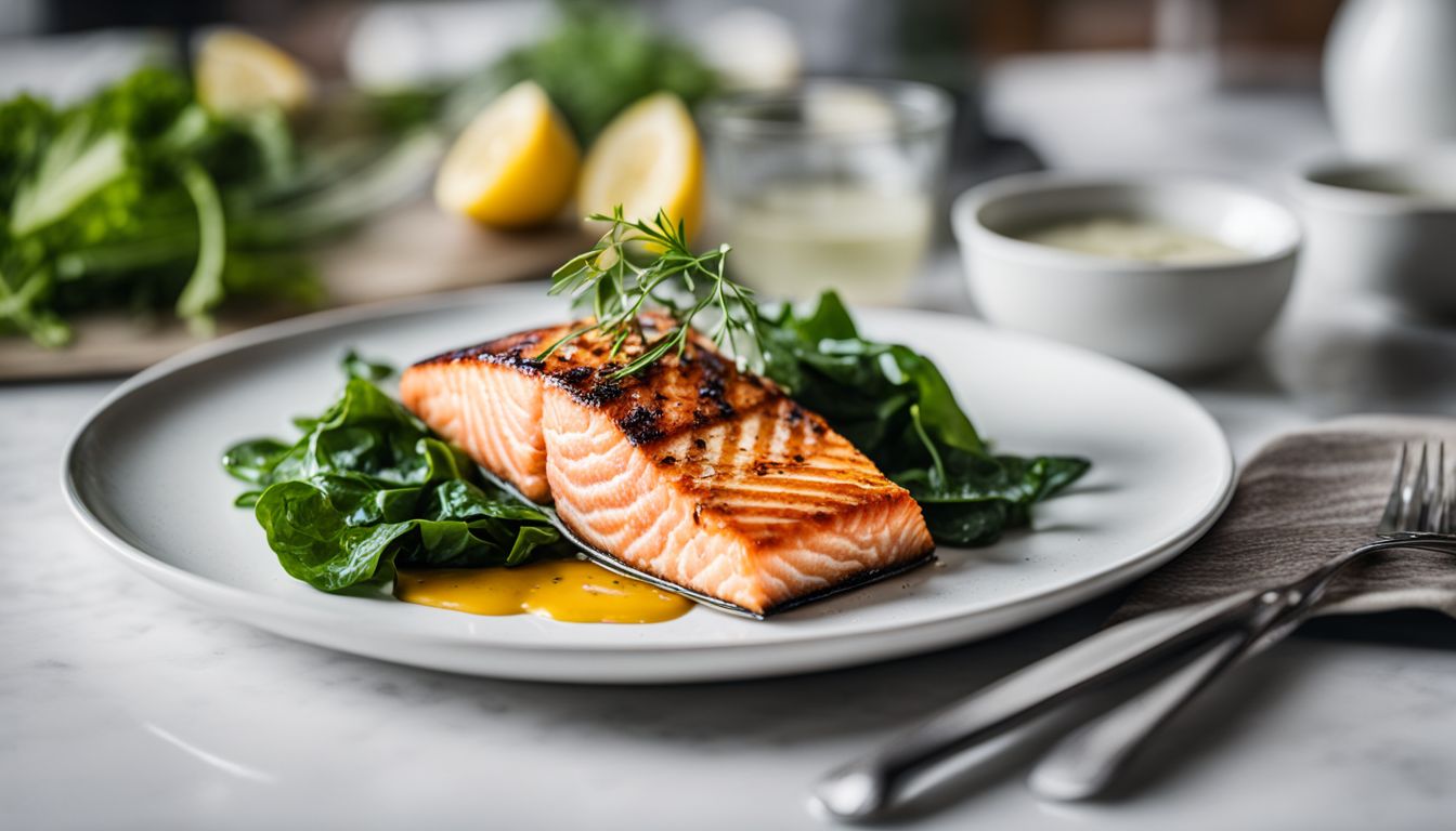 'A freshly grilled salmon fillet served on a bed of leafy greens in a modern kitchen.'