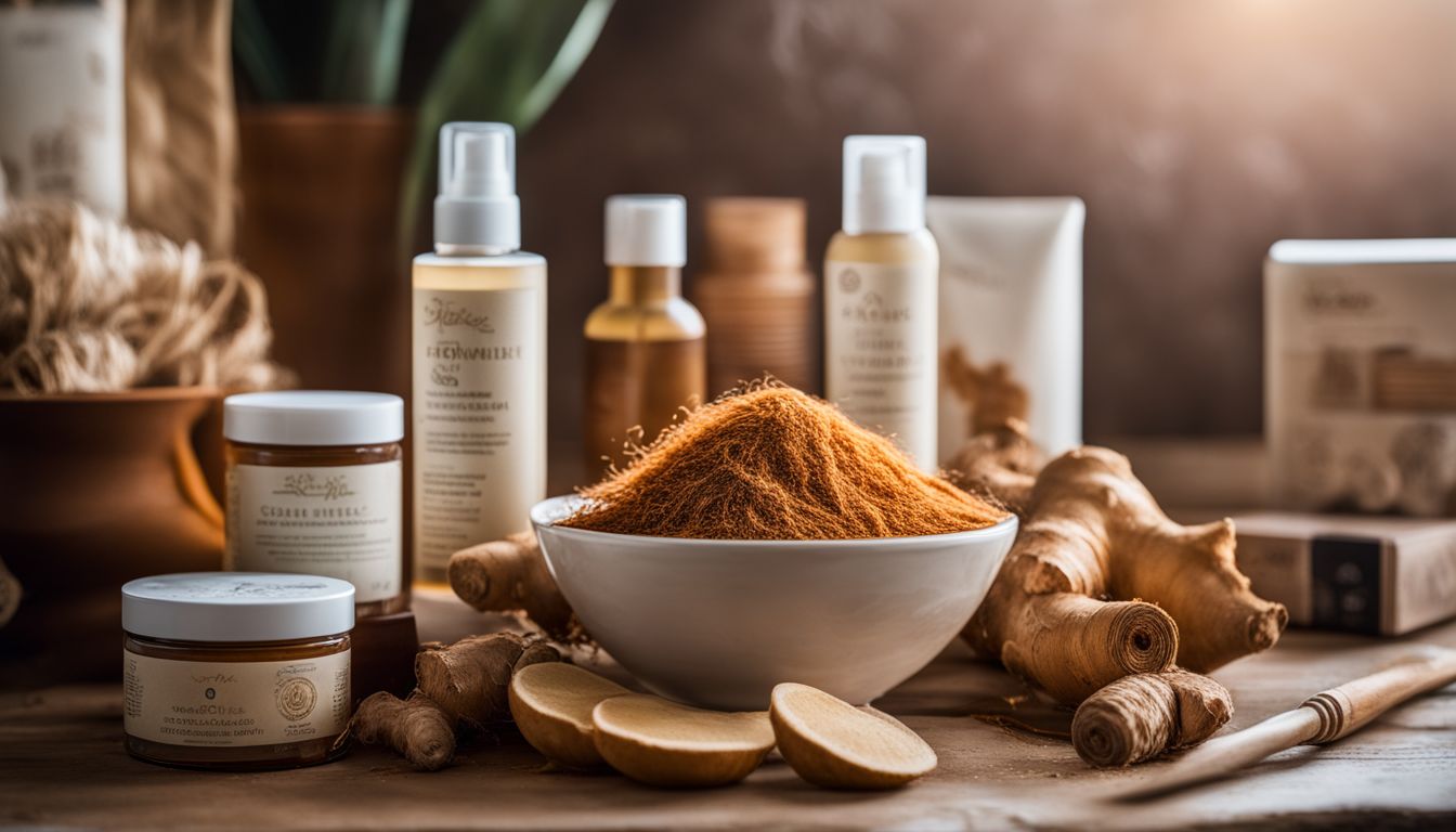 A variety of hair care products and styles surrounded by ginger root.