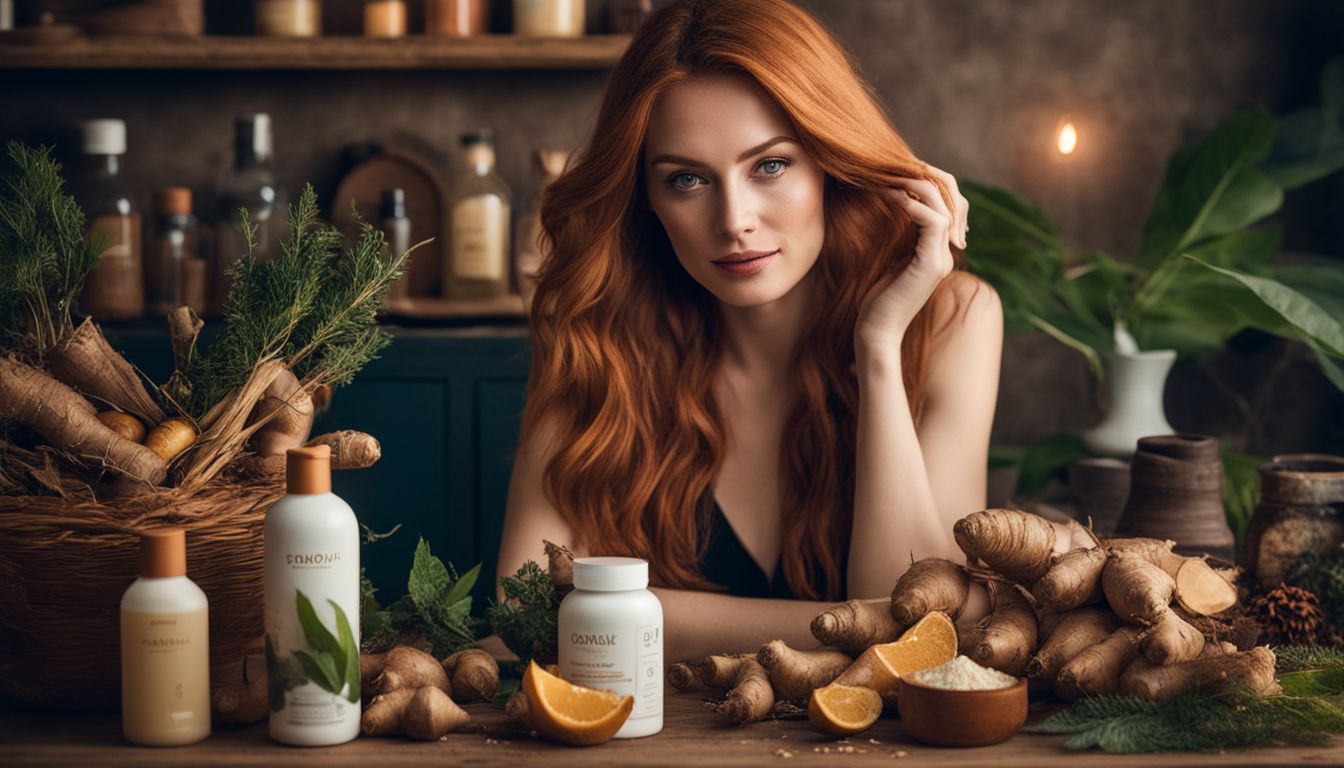A woman holding ginger root surrounded by hair care products.