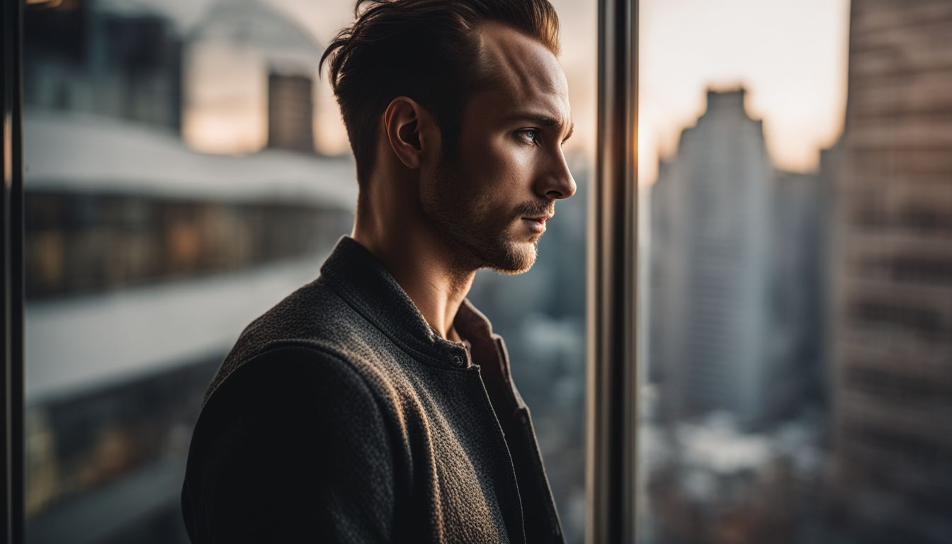 A man with a receding hairline looking out at cityscape.