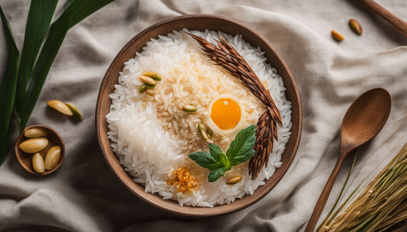 A bowl of rice water surrounded by diverse people and botanical elements.