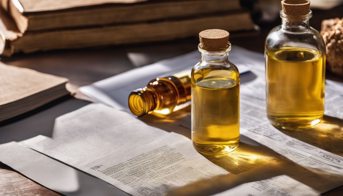 A bottle of ginger oil surrounded by diverse research and photography elements.