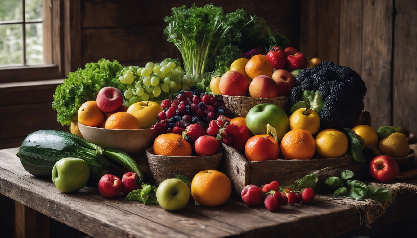 A variety of fresh fruits and vegetables arranged on a rustic table.