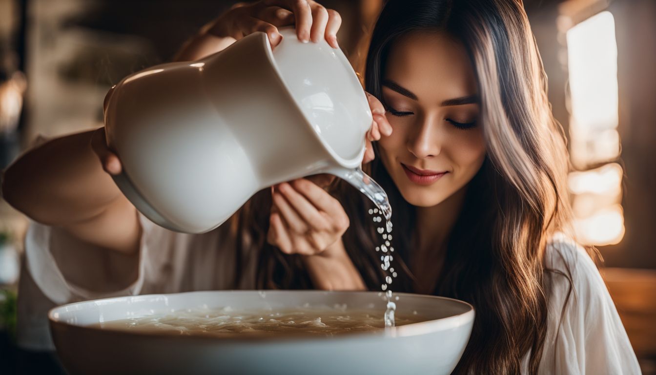 A woman pouring rice water onto her long hair for nourishment.